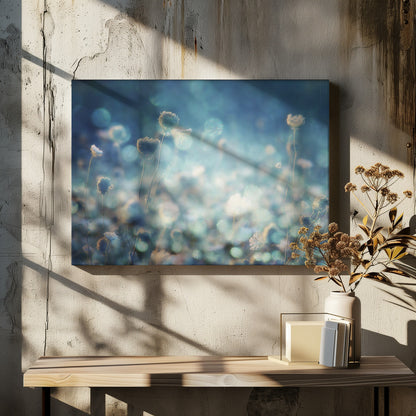 A dreamy, soft-focus photograph of dried wildflowers silhouetted against a shimmering background of blue and white bokeh lights, creating a magical and ethereal atmosphere. The artwork is presented in a brushed silver frame. Wall Art
