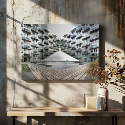 A symmetrical, mirrored photograph of a modern V-shaped apartment complex with numerous glass balconies, overlooking a wooden deck and a calm body of water under a grey sky. The image is presented within a silver picture frame. Artwork