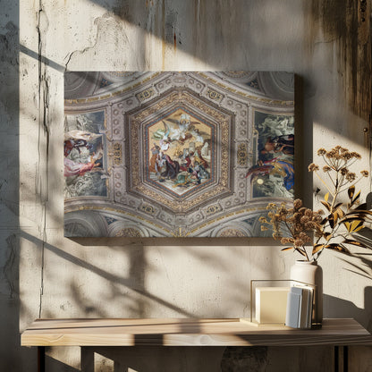 A detailed photograph of an ornate, coffered ceiling from the Renaissance period. The ceiling has intricate grey and gold architectural details, with a central hexagonal fresco and smaller side paintings depicting religious scenes with angels and figures in classical robes, all enclosed in a silver frame. Artwork