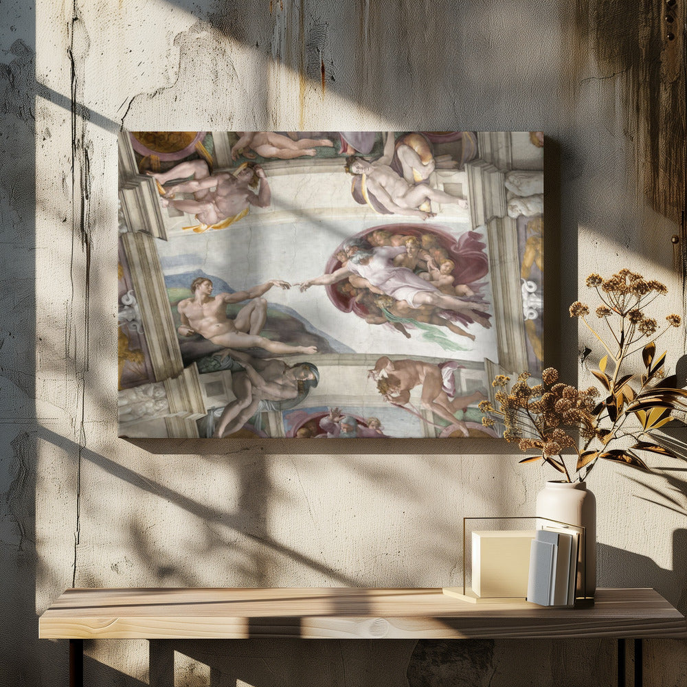 A framed print of Michelangelo's iconic Renaissance painting, 'The Creation of Adam,' showing God reaching from the heavens to give life to a reclining Adam. Poster