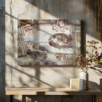 A framed print of Michelangelo's iconic Renaissance painting, 'The Creation of Adam,' showing God reaching from the heavens to give life to a reclining Adam. Poster