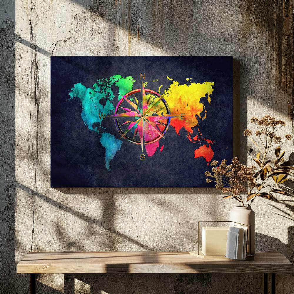 An artistic world map in a silver frame, featuring continents in a vibrant rainbow watercolor style against a dark, textured navy blue background. A large, ornate, and colorful compass rose is superimposed in the center of the map. Artwork