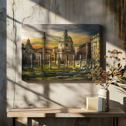 A framed photograph of Trajan's Forum in Rome, Italy, during a dramatic sunset. The foreground is filled with ancient stone columns and ruins on a grassy field, leading to the prominent Trajan's Column and the domed Church of the Most Holy Name of Mary against a golden and dark cloudy sky. Wall Art