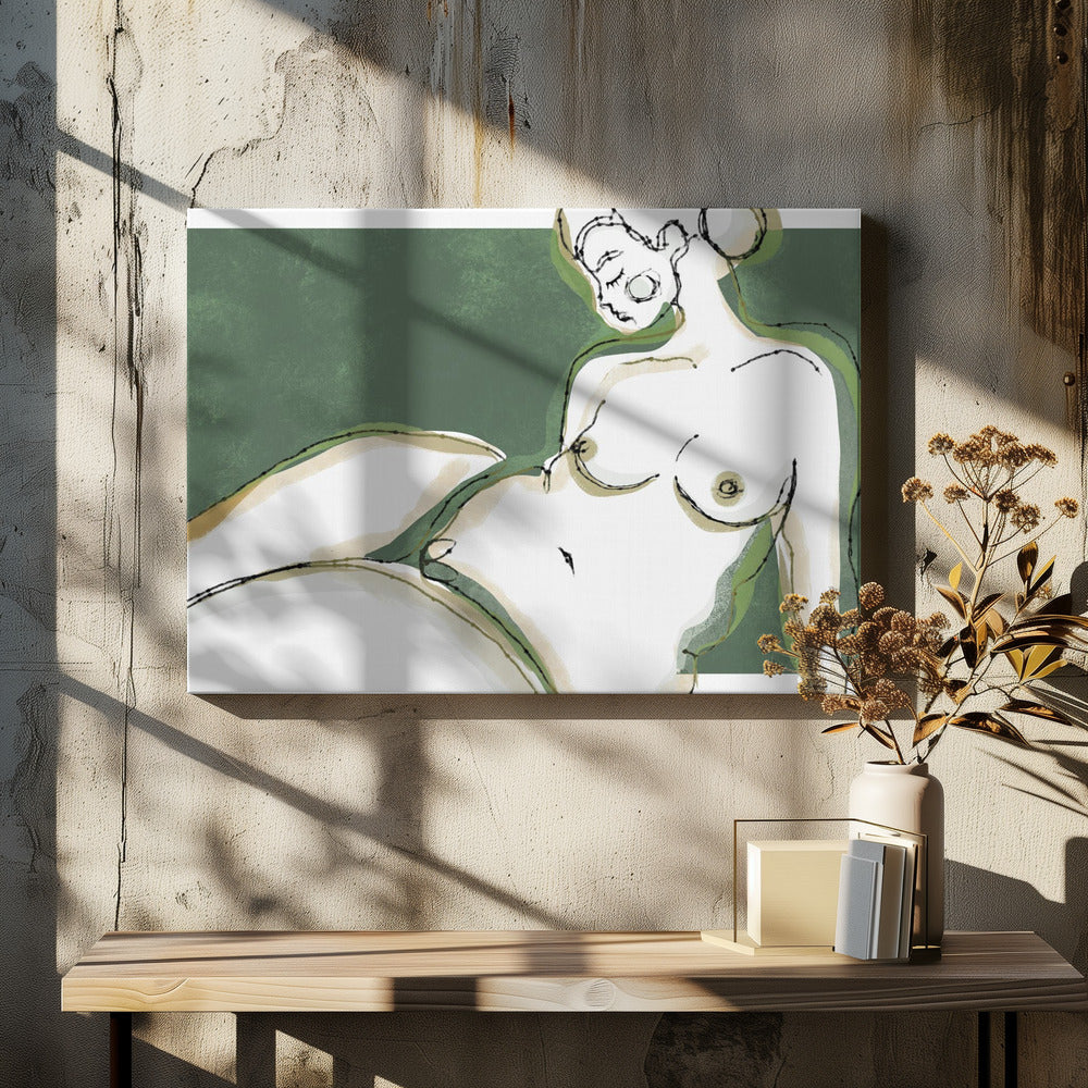 A stylized, abstract line drawing of a nude woman reclining against a solid dark green background. Her body is rendered in shades of white and beige with green shadow accents and is outlined in loose, expressive black ink lines. Her face is in profile with her eyes closed. Poster
