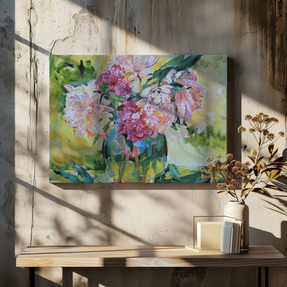 An impressionistic painting of a lush bouquet of pink and white peonies in a glass vase. The background is a vibrant mix of yellow and green, and the entire piece is characterized by thick, textured brushstrokes and set within a silver frame. Artwork