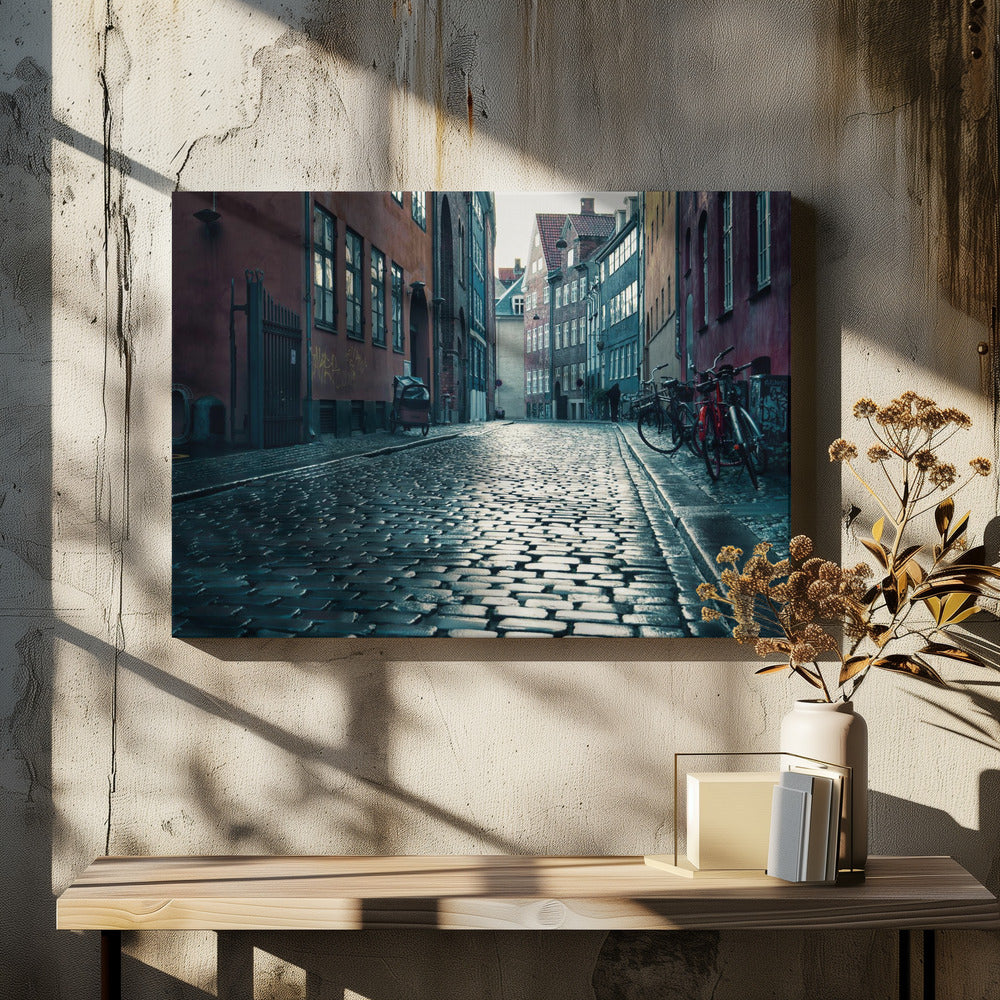 A low-angle shot of a wet, reflective cobblestone street in a narrow European alley. The street is lined with historic, colorful buildings in shades of red, orange, and blue under an overcast sky. Bicycles are parked along the sidewalk on the right, adding to the quiet, moody city scene. Poster