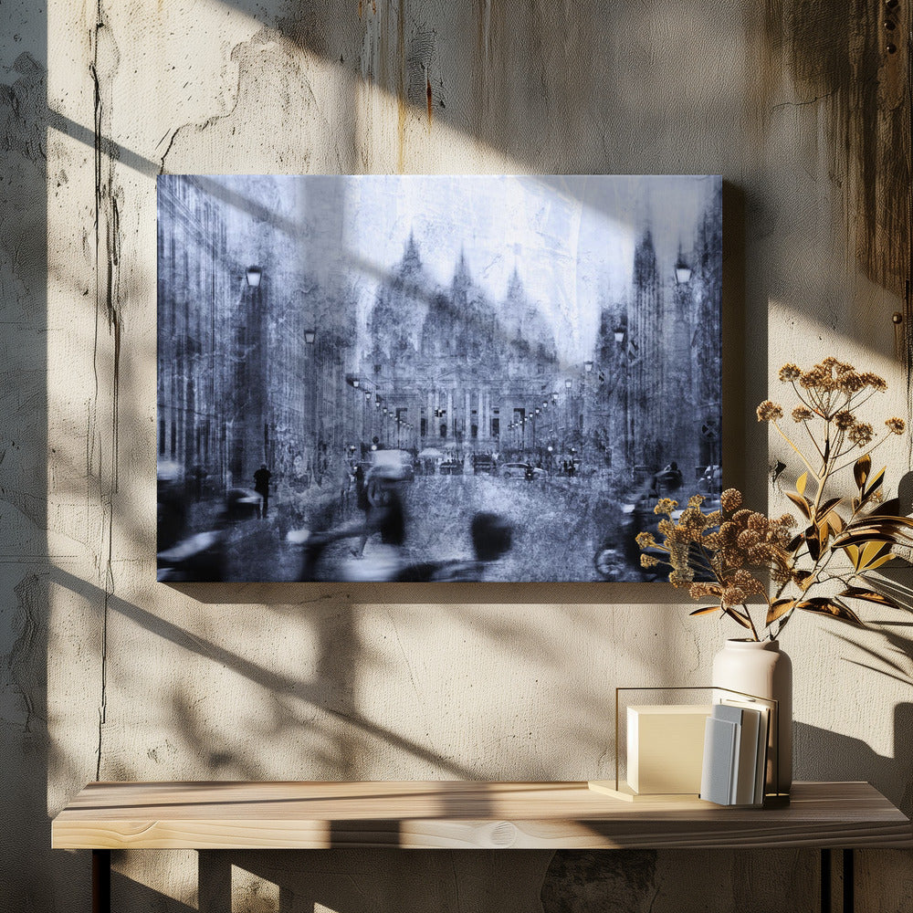 A stylized, heavily textured photograph of a busy city street in shades of blue, grey, and white. A grand, domed building stands at the end of the street, while the figures of people and vehicles in the foreground are blurred with motion, creating a dynamic and atmospheric scene. The entire image has a distressed, weathered appearance and is set within a silver frame. Print