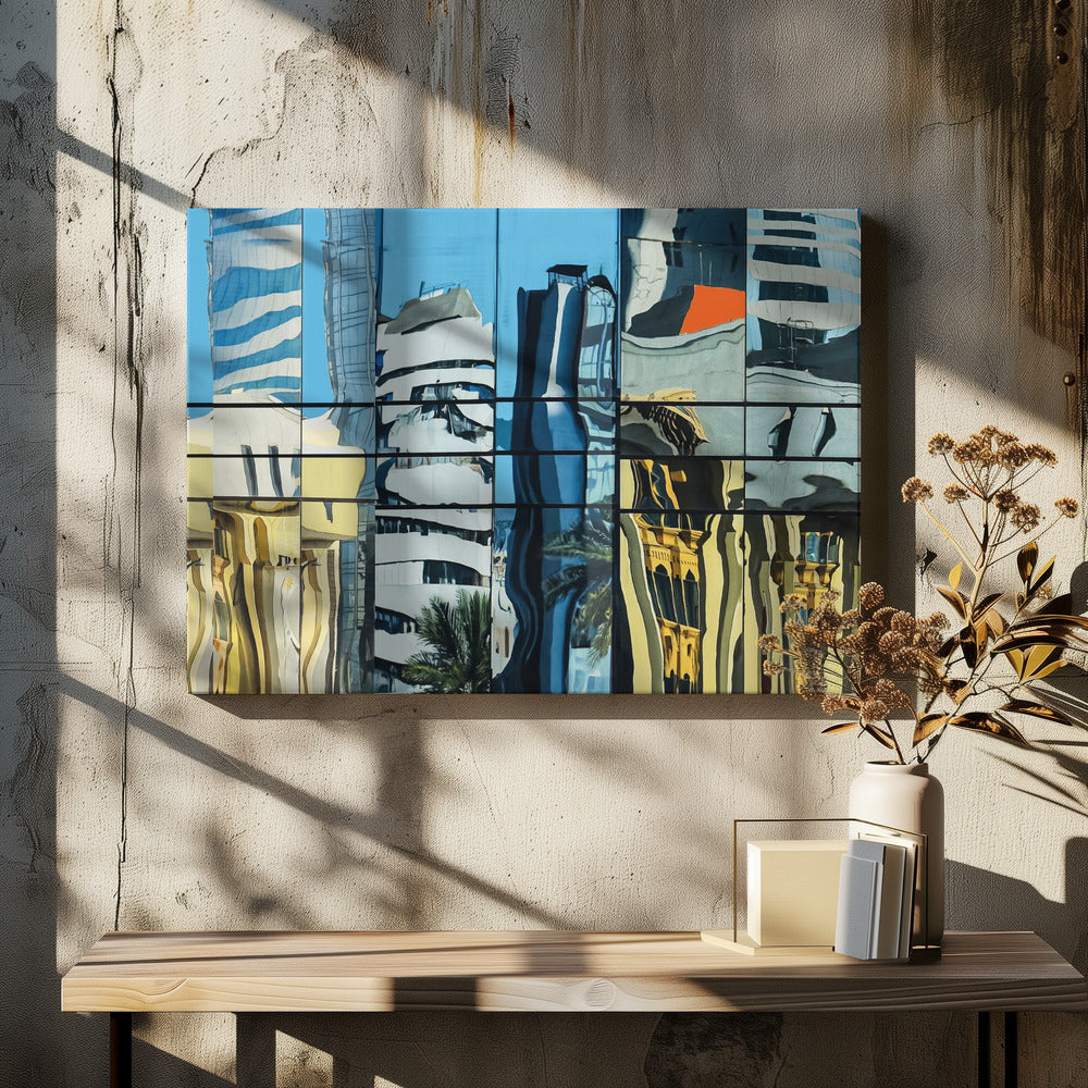 A framed abstract artwork showing a collage of distorted cityscape reflections in a grid of glass window panes. The reflections mix modern blue and white skyscrapers against a clear blue sky with older, golden-yellow buildings, creating a wavy and fragmented visual effect. Wall Art