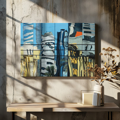 A framed abstract artwork showing a collage of distorted cityscape reflections in a grid of glass window panes. The reflections mix modern blue and white skyscrapers against a clear blue sky with older, golden-yellow buildings, creating a wavy and fragmented visual effect. Wall Art