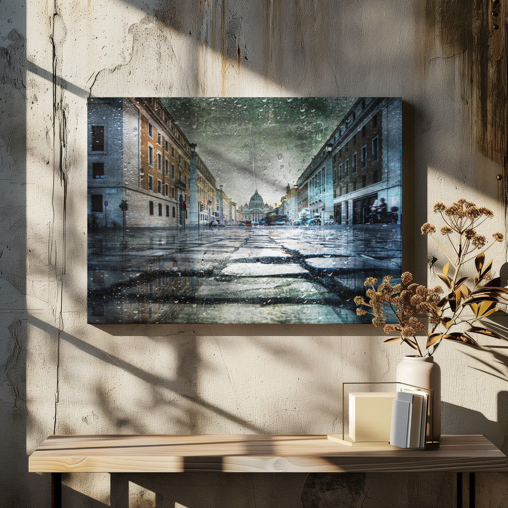 A low-angle, artistic photograph of a wet cobblestone street in Rome leading to St. Peter's Basilica in the distance. The image has a moody, textured feel with an overlay of raindrops, as if viewed through a rainy window, and reflections of the historic buildings in the puddles on the street. Decor