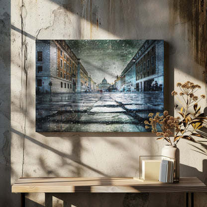 A low-angle, artistic photograph of a wet cobblestone street in Rome leading to St. Peter's Basilica in the distance. The image has a moody, textured feel with an overlay of raindrops, as if viewed through a rainy window, and reflections of the historic buildings in the puddles on the street. Decor