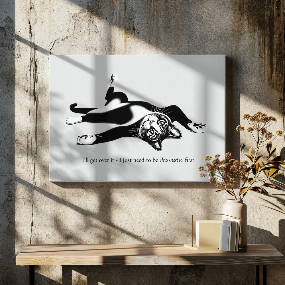 A framed black and white illustration of a tuxedo cat lying playfully on its back. Below the image is the text, 'I'll get over it - I just need to be dramatic first'. Artwork