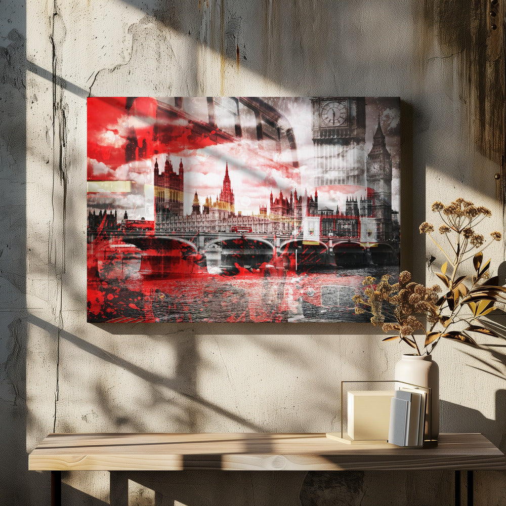 A modern abstract artwork of the London skyline featuring the Houses of Parliament and Big Ben in black and white, overlaid with bold, splashy strokes of bright red. The dramatic red is most prominent in the sky and reflected in the River Thames, creating a stark contrast. A classic red double-decker bus can be seen crossing Westminster Bridge. Decor