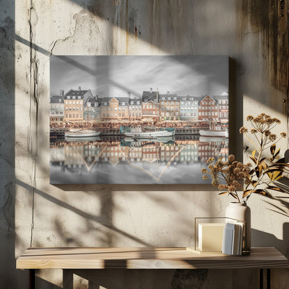 A framed, color-selective photograph of the Nyhavn harbor in Copenhagen. A row of colorful 17th and 18th-century townhouses lines the waterfront, with their warm lights and facades reflecting in the calm canal. The sky and parts of the water are in black and white, making the colored buildings stand out. Several boats are moored along the quay. Decor