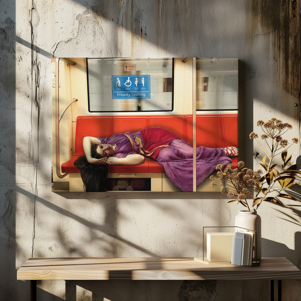 A framed surrealist artwork depicting a woman in a classical purple and red toga sleeping across a row of modern red subway seats. Above her on the window is a blue 'Priority Seating' sign, creating a humorous juxtaposition between ancient and modern life. Artwork