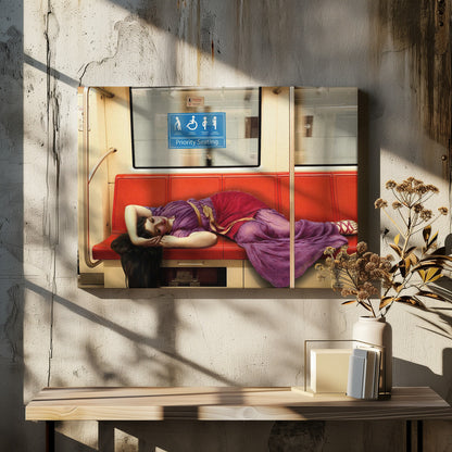 A framed surrealist artwork depicting a woman in a classical purple and red toga sleeping across a row of modern red subway seats. Above her on the window is a blue 'Priority Seating' sign, creating a humorous juxtaposition between ancient and modern life. Artwork