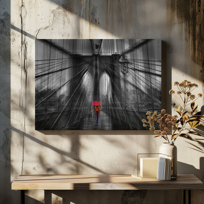 A motion-blurred, black and white photo of the Brooklyn Bridge with a person holding a bright red umbrella walking down the center. The selective color makes the red umbrella the focal point against the dramatic, almost abstract lines of the bridge's cables and arches on a wet, reflective walkway. The image is presented in a silver frame. Wall Art