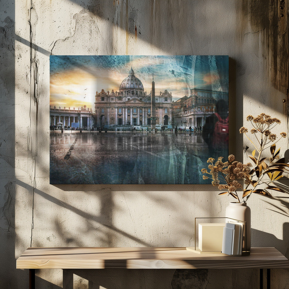 An artistic photograph of St. Peter's Basilica in Vatican City at sunset, with its reflection visible on the wet cobblestones of the square. The image has a textured overlay and a ghostly silhouette of a person with a red backpack on the right, all enclosed in a silver frame. Wall Art