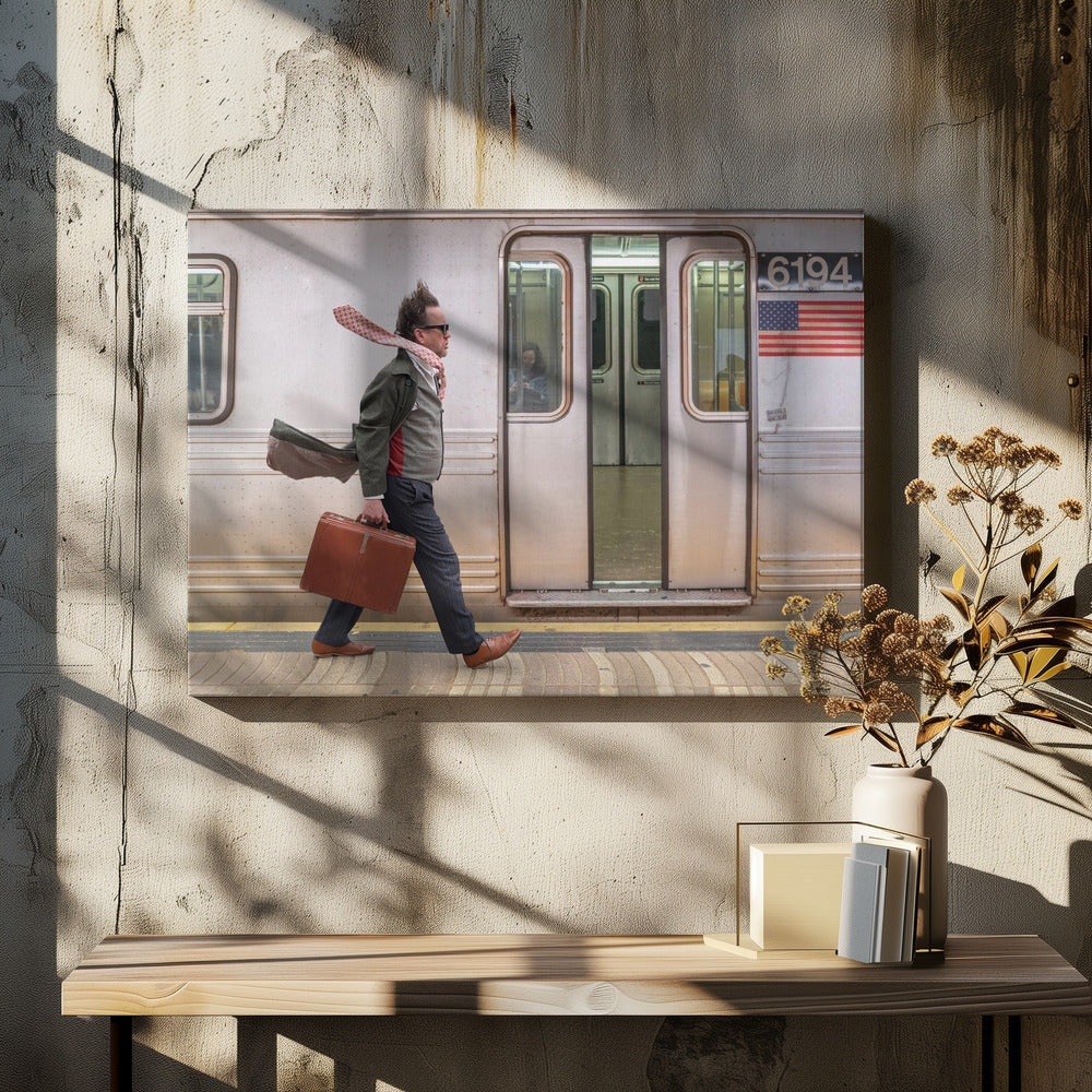 A stylish man with windblown hair and a flying scarf walks briskly along a subway platform, carrying a brown briefcase next to a silver train. Artwork