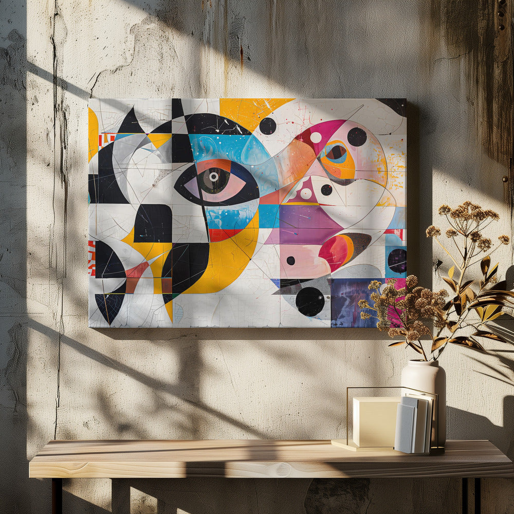A vibrant and complex abstract painting in a silver frame. The artwork features a large, stylized eye as a central focus, surrounded by a fragmented collage of geometric shapes, bold lines, and vivid colors including yellow, blue, and magenta. Elements like black and white checkerboard patterns and scattered black circles add to the dynamic composition, all set against a textured, crackled white background. Print