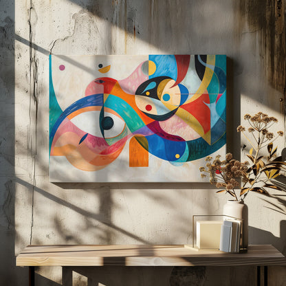 A vibrant abstract painting in a silver frame, featuring a dynamic composition of overlapping geometric and biomorphic shapes. The artwork is rich with color, including bold blues, oranges, reds, pinks, and yellows, with stylized eye-like forms and bird-like figures against a textured off-white background. Artwork
