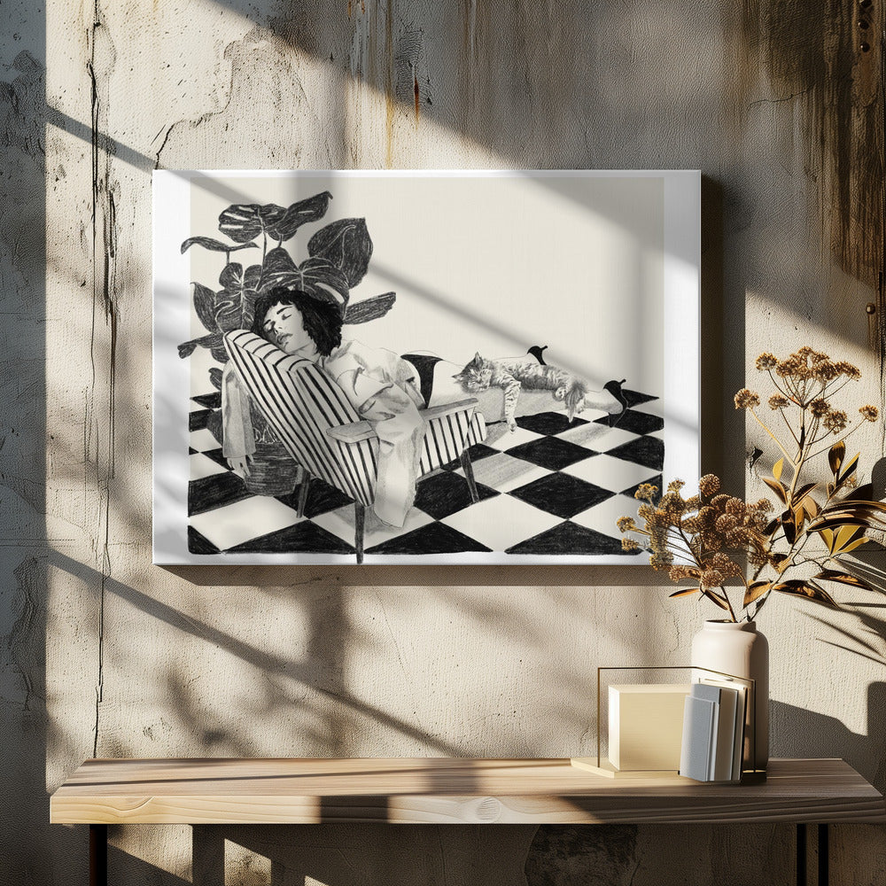 A black and white sketch of a woman with short dark hair sleeping in a striped armchair. A large potted plant is behind her, and a cat is sleeping stretched out across her legs. The floor has a black and white checkerboard pattern. Decor