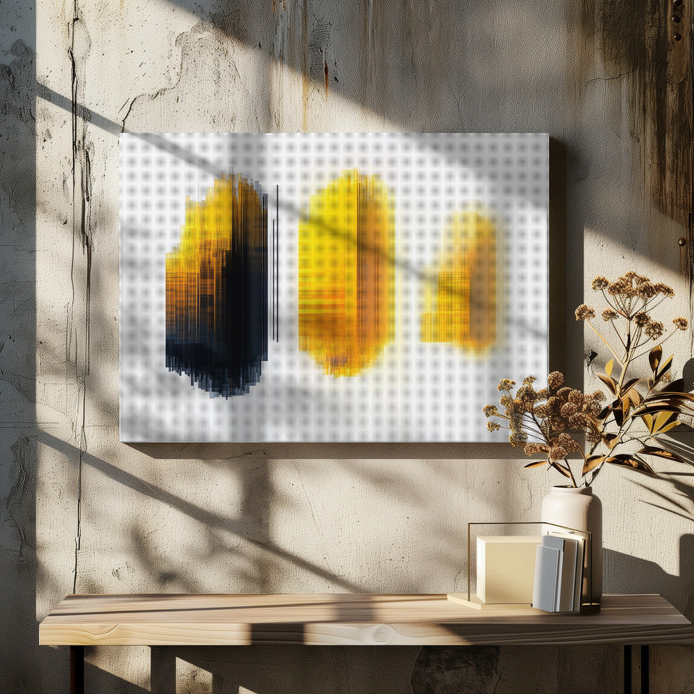 A modern abstract artwork in a silver frame, featuring three vertical formations of lines on a white grid background. The left formation transitions from yellow to black, while the center and right formations are composed of glowing yellow and orange lines, creating a digital, pixelated effect. Poster