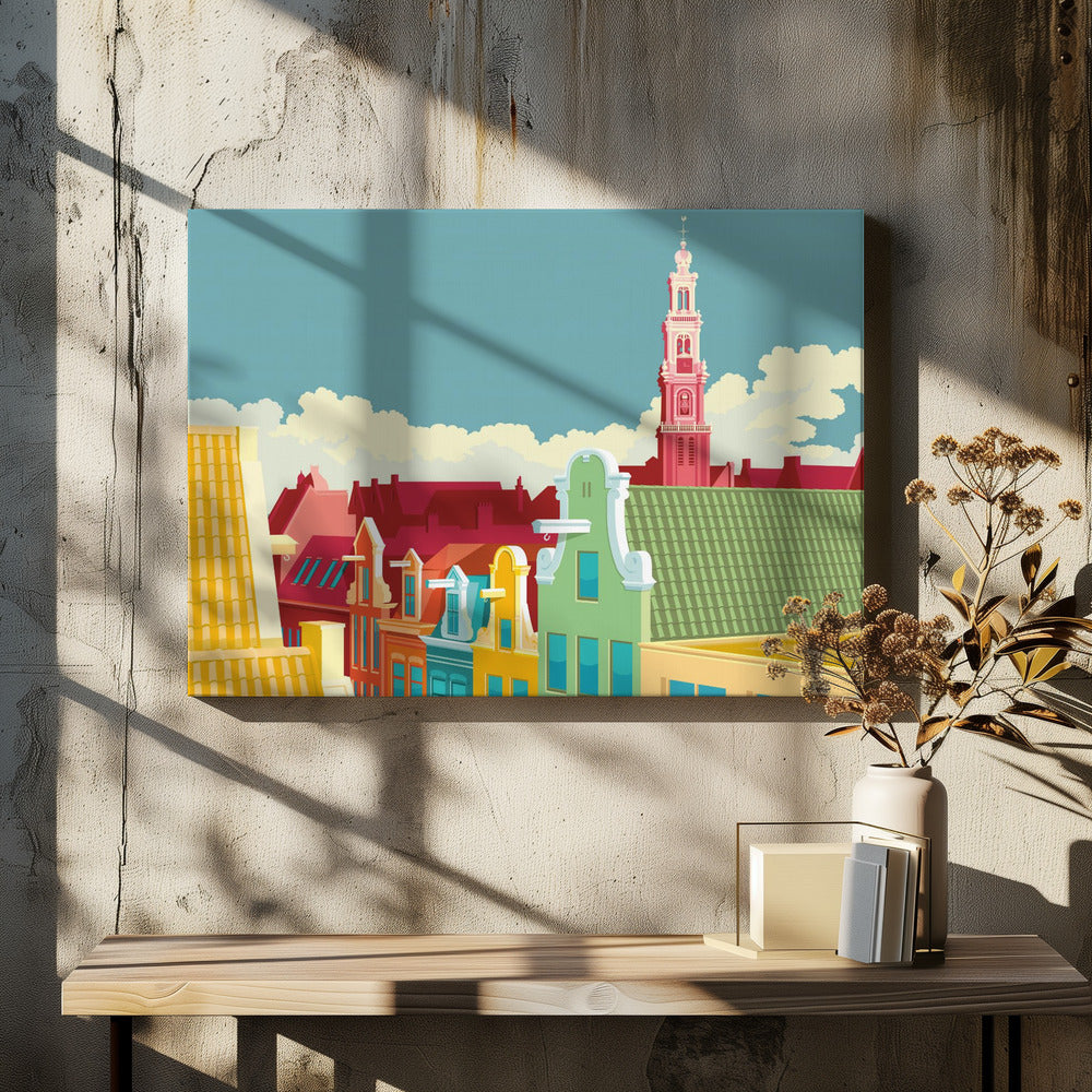 A colorful graphic illustration of the Amsterdam skyline, featuring vibrant gabled houses in green, yellow, and red, with the iconic pink Westerkerk church tower rising against a pale blue sky with white clouds. Decor