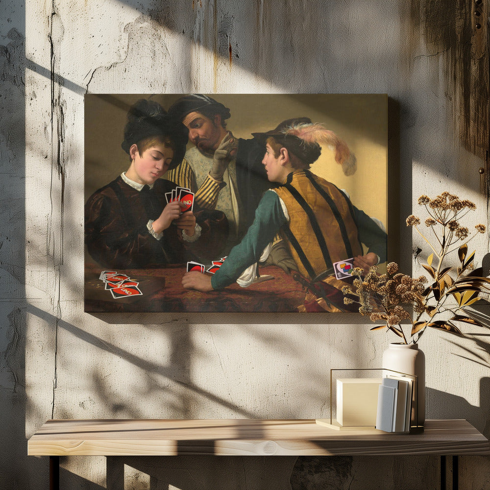 A humorous parody of Caravaggio's classical painting 'The Cardsharps', where the characters are depicted playing the modern card game UNO. An older man cheats by peering at a young player's hand and signaling to his accomplice, who hides a Wild Draw 4 card behind his back. Wall Art