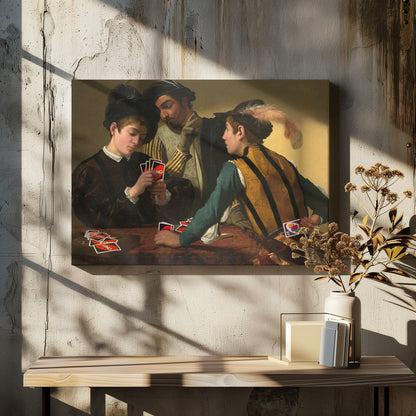 A humorous parody of Caravaggio's classical painting 'The Cardsharps', where the characters are depicted playing the modern card game UNO. An older man cheats by peering at a young player's hand and signaling to his accomplice, who hides a Wild Draw 4 card behind his back. Wall Art