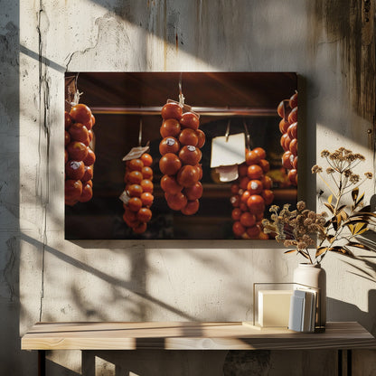 A close-up, warm-toned photograph of several bunches of ripe red tomatoes hanging from hooks in a row, likely at a market or in a pantry. The background is dark and out of focus, highlighting the vibrant produce. Poster