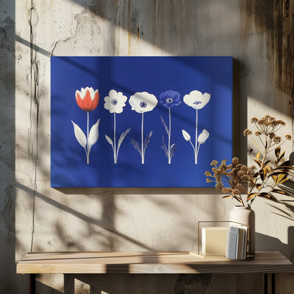 A framed art print showing five flowers in a horizontal line against a vibrant royal blue background. The flowers are illustrated in a graphic style, with one red tulip, one blue anemone, and three white anemones. The stems and leaves are depicted in white and grey tones. The artwork is enclosed in a silver frame. Poster
