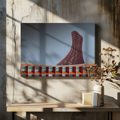 A modern architectural photograph showing a curved, maroon skyscraper twisting towards the sky against a gradient grey background. A lower, orange, grid-like building curves along the bottom of the frame. The entire scene is enclosed in a silver frame. Poster