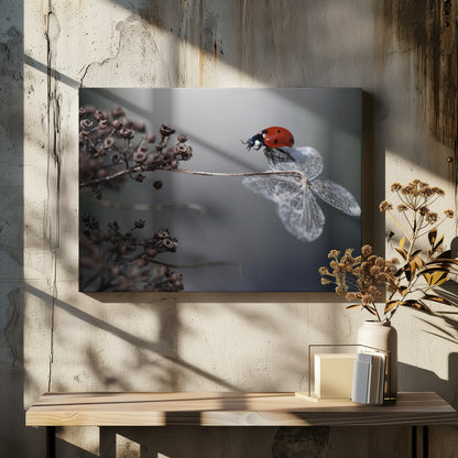 A close-up photograph of a bright red ladybug perched on the delicate, skeletal remains of a dried white flower. The background is a soft, out-of-focus gray, with brown, dried seed pods on a branch to the left. The image is framed with a silver border. Decor