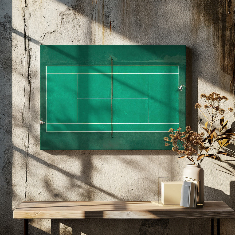 An aerial top-down photograph of a vibrant green tennis court with two players in the middle of a game, one on the far left and the other on the far right, all enclosed within a brushed silver frame. Print