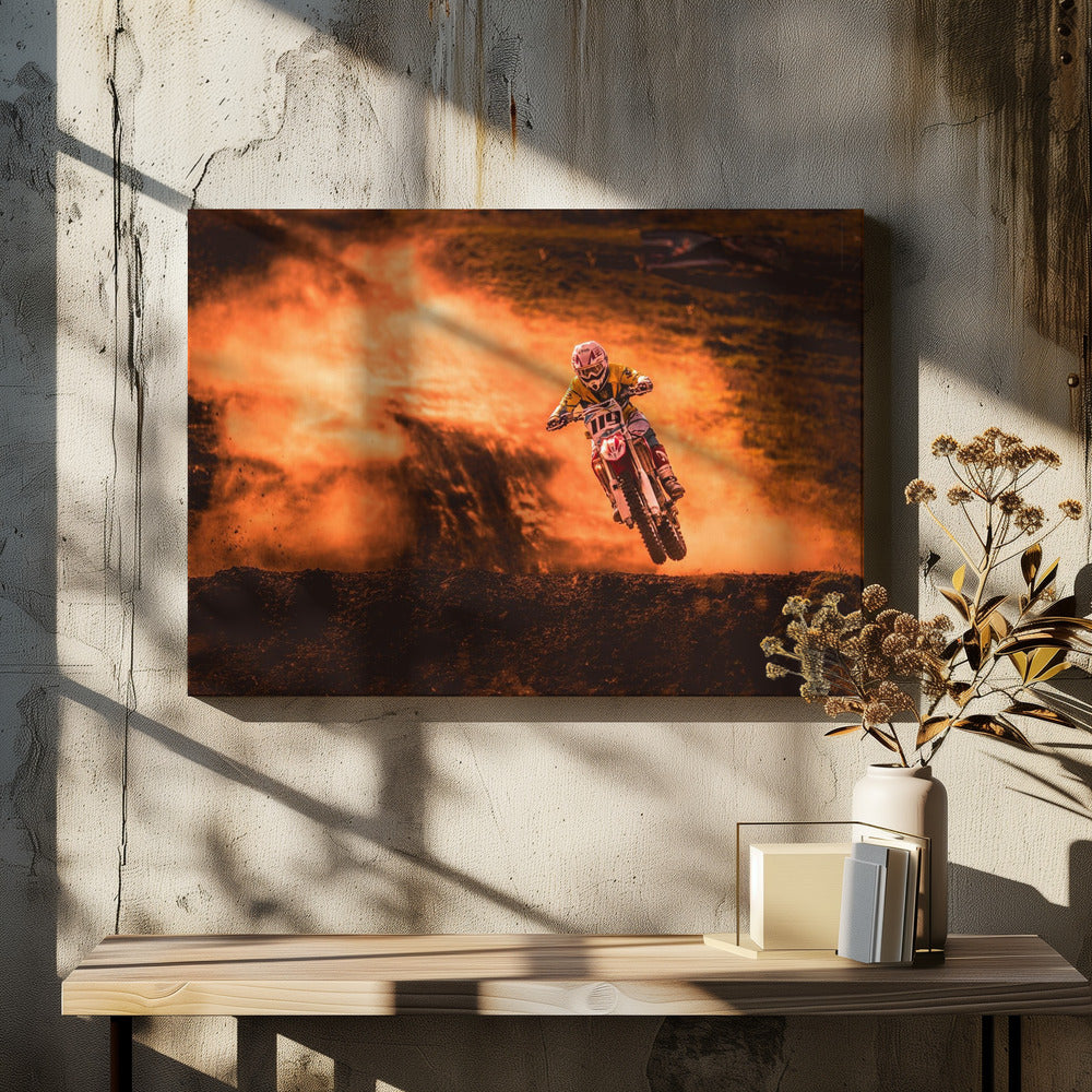 An action-packed photo of a motocross rider in mid-air, jumping their dirt bike over a mound of earth. A large cloud of orange dust billows behind them, creating a dramatic and fiery background. Wall Art