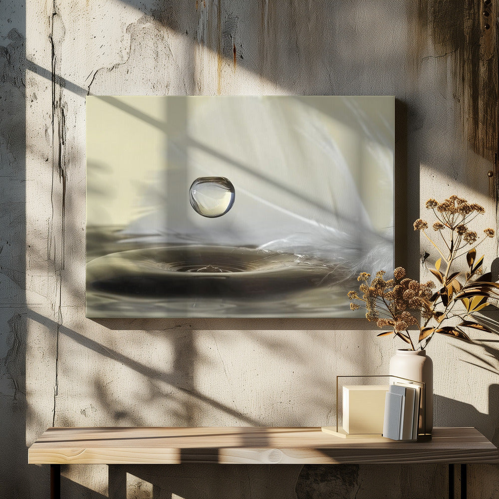 A high-speed macro photograph captures a perfectly spherical water droplet suspended in mid-air above a ripple on the water's surface. A soft white feather lies in the background, creating a serene and delicate composition with a neutral color palette, all enclosed in a brushed silver frame. Wall Art