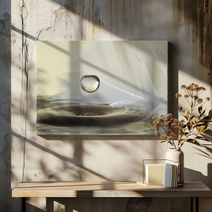 A high-speed macro photograph captures a perfectly spherical water droplet suspended in mid-air above a ripple on the water's surface. A soft white feather lies in the background, creating a serene and delicate composition with a neutral color palette, all enclosed in a brushed silver frame. Wall Art