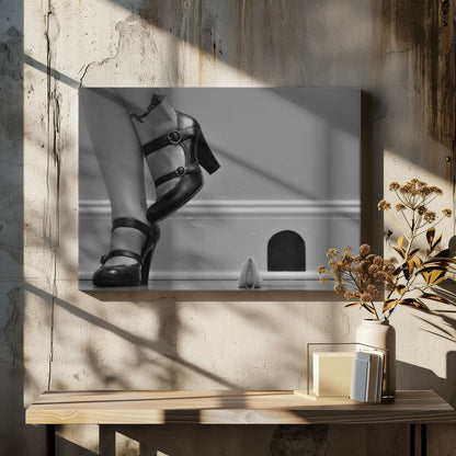 A black and white photograph showing the lower legs and feet of a woman wearing black high-heeled Mary Jane shoes. A tiny white mouse stands on its hind legs near a cartoonish mouse hole in the baseboard, looking up at the woman. Artwork