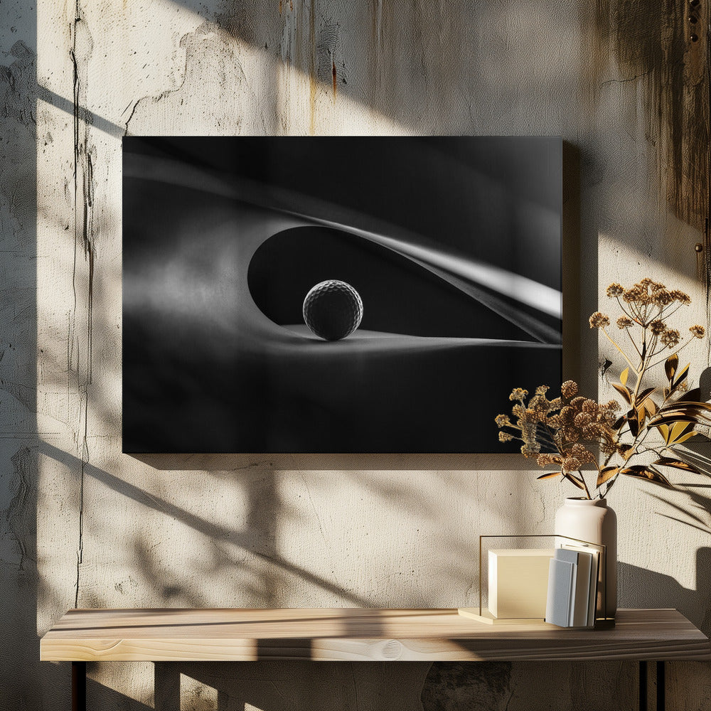 An artistic black and white photograph of a golf ball resting inside the gentle curve of a dark, abstract shape, creating a minimalist and dramatic composition with strong light and shadows. Poster