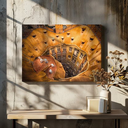 A high-angle photograph looking down into the surreal, undulating inner courtyard of an architectural masterpiece. The warm, golden-ochre walls curve organically, dotted with small, hooded windows, encircling the deep central lightwell that reveals floors of apartments below. Wall Art