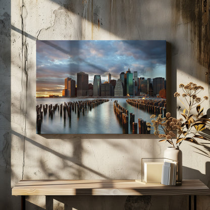 A framed photograph of the Lower Manhattan skyline at sunset, viewed from across the water. Rows of old wooden pier pilings lead the eye towards the city's skyscrapers, which are illuminated by the warm light of the setting sun under a dramatic, cloudy sky. Decor