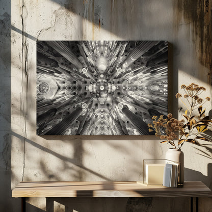 A framed black and white photograph captures the breathtaking, symmetrical ceiling of Gaudí's Sagrada Familia basilica, viewed directly from below. The massive columns rise and branch out like a forest canopy, creating a complex and mesmerizing architectural pattern of vaults, ribs, and skylights. Artwork