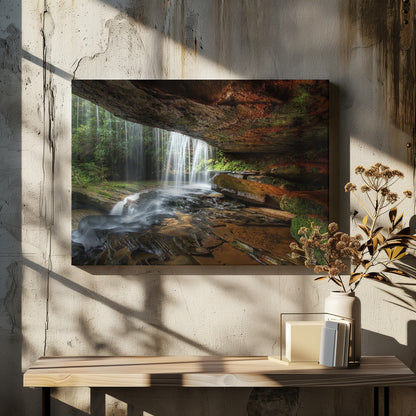 A long-exposure photograph taken from underneath a rock overhang, looking out through a cascading waterfall. The water appears silky as it flows over mossy rocks in a stream below. The scene is framed by a silver border. Print