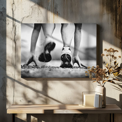 A low-angle, black and white action shot of a runner's legs and hands at the starting position on a gravel track. One foot is planted firmly while the other is in motion, blurred as they push off to start a race. Decor