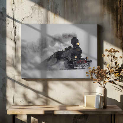 A dramatic black and white photograph of a classic steam train, number 1136, plowing through a heavy snowstorm, with its headlights glowing and a large plume of smoke trailing behind it. The image is presented within a silver frame. Print