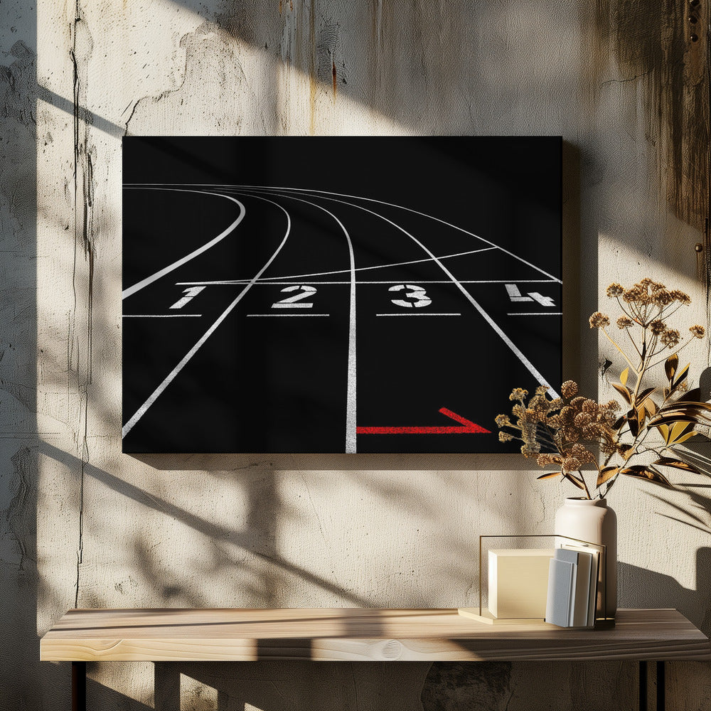 A framed, high-contrast photograph of a black running track's starting line. The lanes, marked with white lines, are numbered 1, 2, 3, and 4 and curve into the distance. A single red arrow points forward in the foreground, adding a pop of color to the monochrome scene. Poster