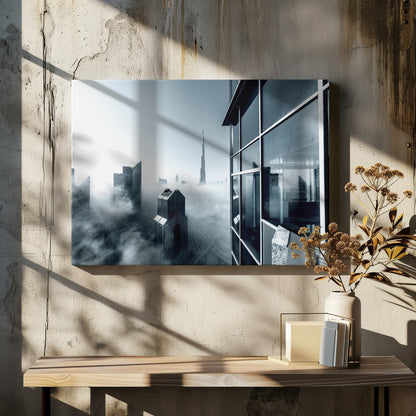 A framed black and white photograph with a cool blue tint, depicting the Dubai skyline from a high-rise window, with skyscrapers including the Burj Khalifa piercing through a thick blanket of fog. Artwork