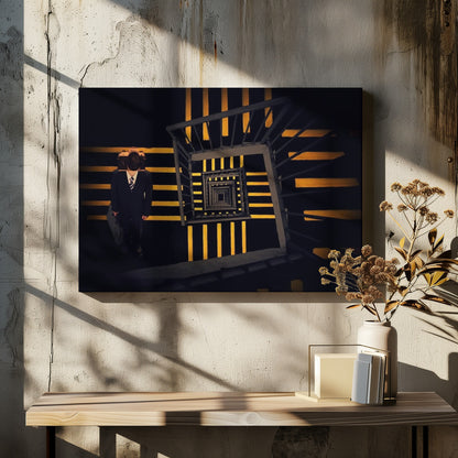A surreal high-angle view looking down an infinite square spiral staircase with black steps and bold yellow stripes. On a landing stands a man in a dark suit and tie, holding a briefcase, with a vintage camera in place of his head. Artwork