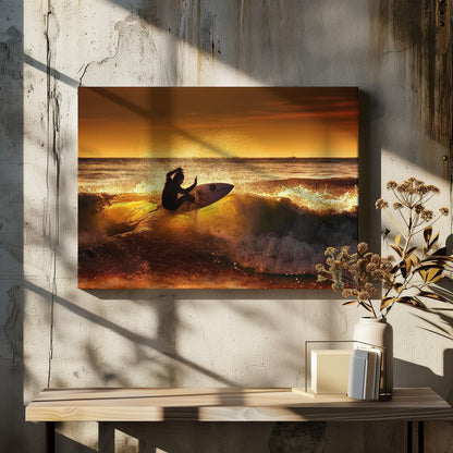 A silhouetted surfer carves a turn on a sun-kissed wave during a vibrant orange sunset, with golden light reflecting off the water and sea spray. Wall Art